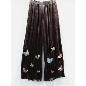Johnny Was Velvet Pants Medium Brown Butterflies Wide Leg Boho NWT Designer